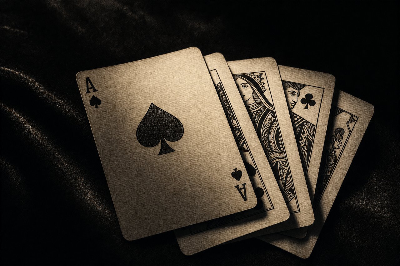 Spielkarten auf dunklem Untergrund – akademische Darstellung des Blackjack-Spiels